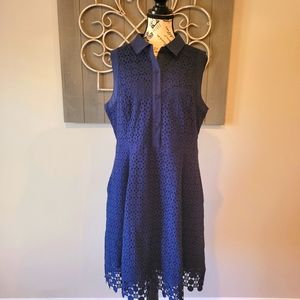 Isaac Mizrahi Women's US Size 12 Navy Blue Eyelit Lace Trimmed Lined Dress